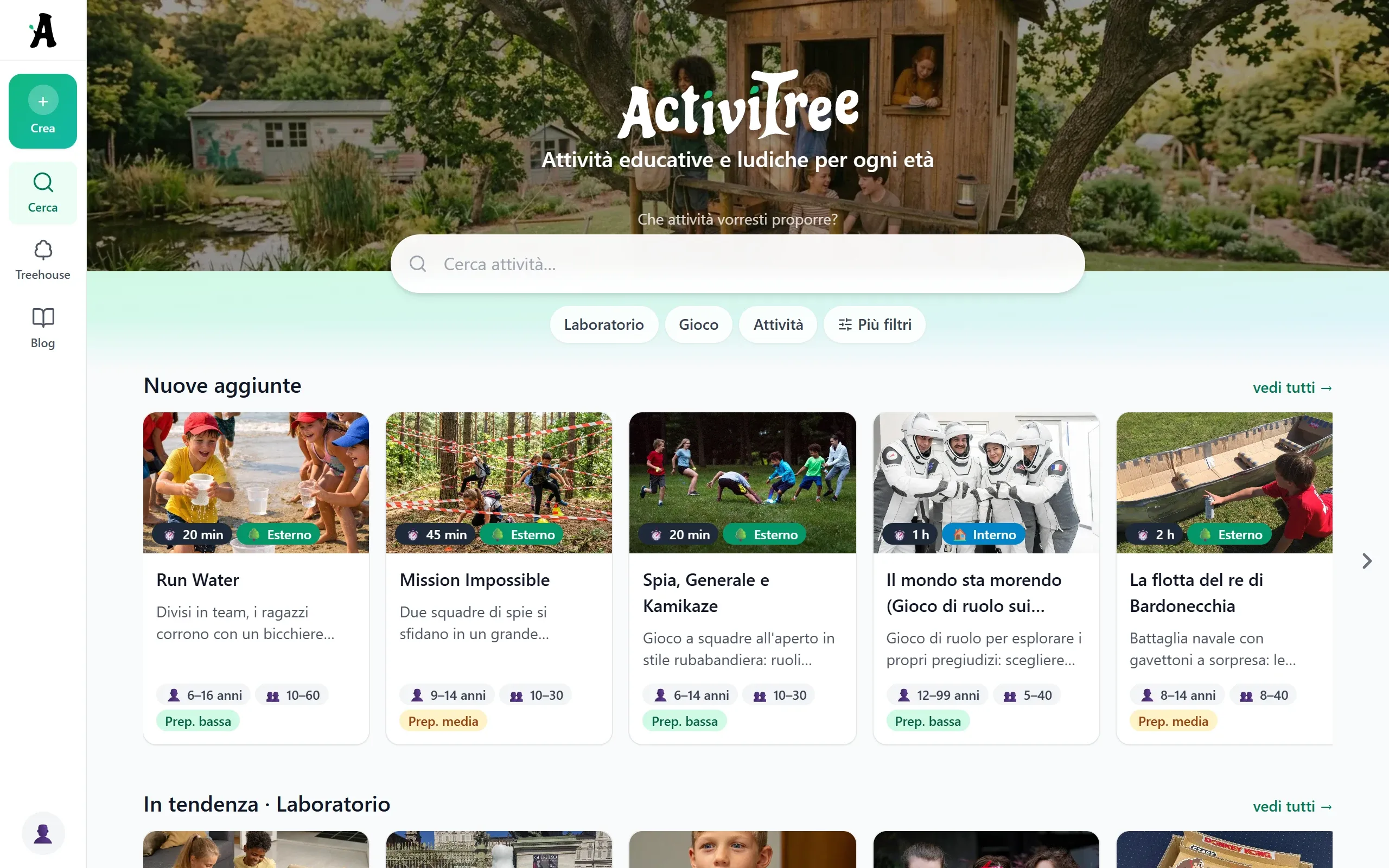 Home di ActiviTree su computer: barra di ricerca, filtri per tipologia e carosello delle attività educative appena aggiunte