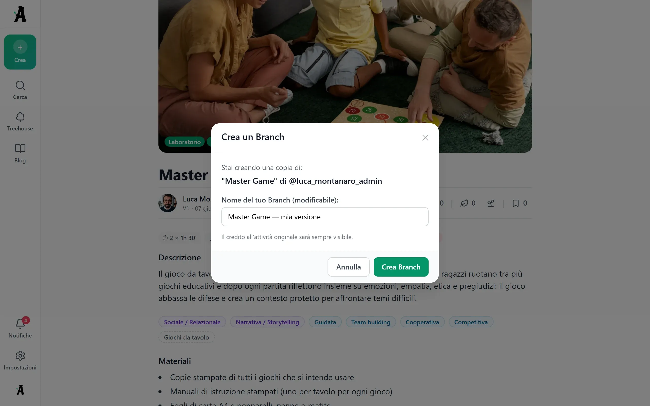 La finestra "Crea un Branch" aperta sulla scheda di un'attività, con il nome della nuova versione.