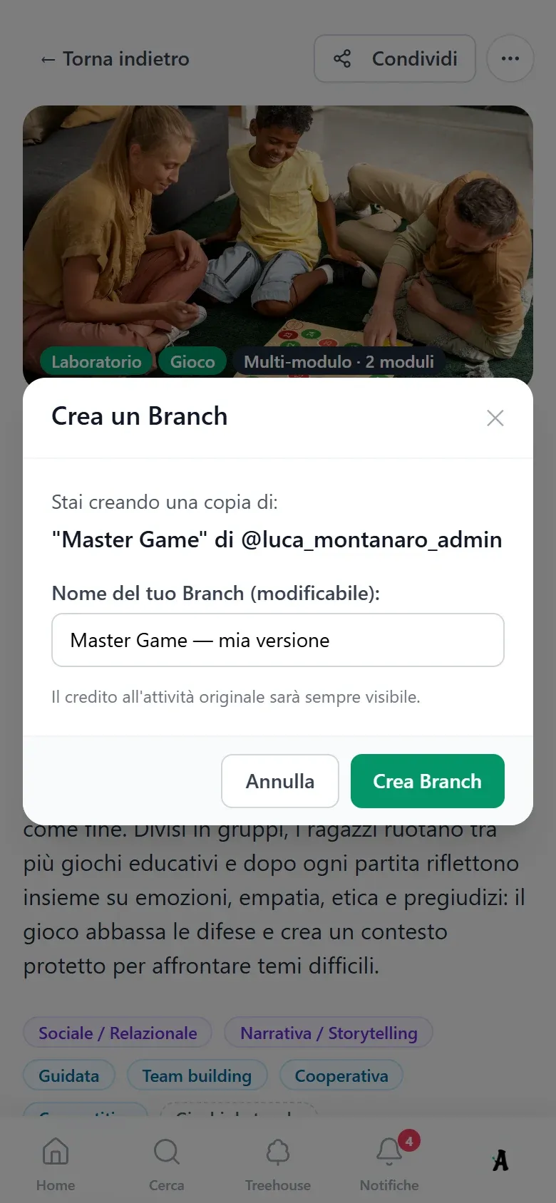 La finestra "Crea un Branch" aperta sulla scheda di un'attività, con il nome della nuova versione. Vista da telefono.