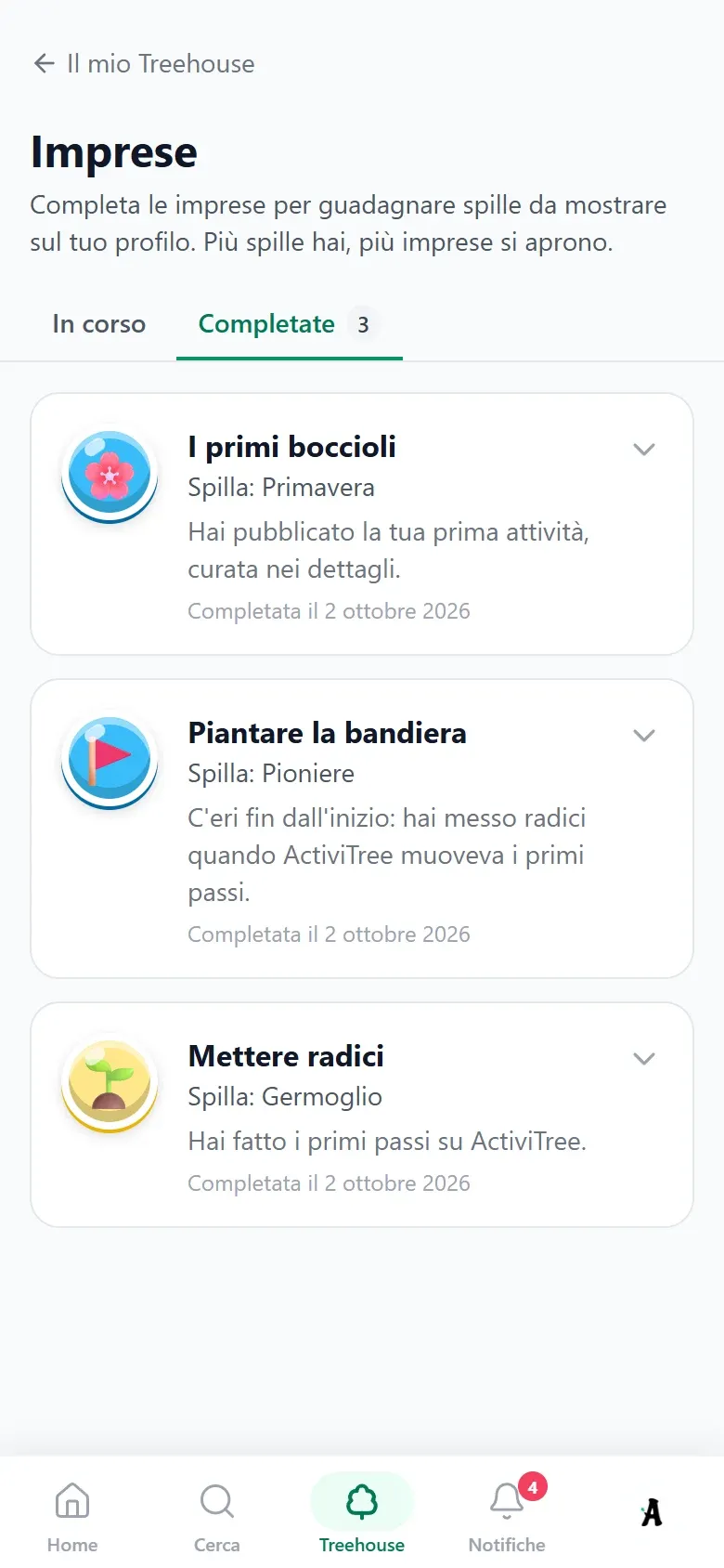 La scheda "Completate" delle Imprese, con le spille guadagnate e la data di completamento. Vista da telefono.