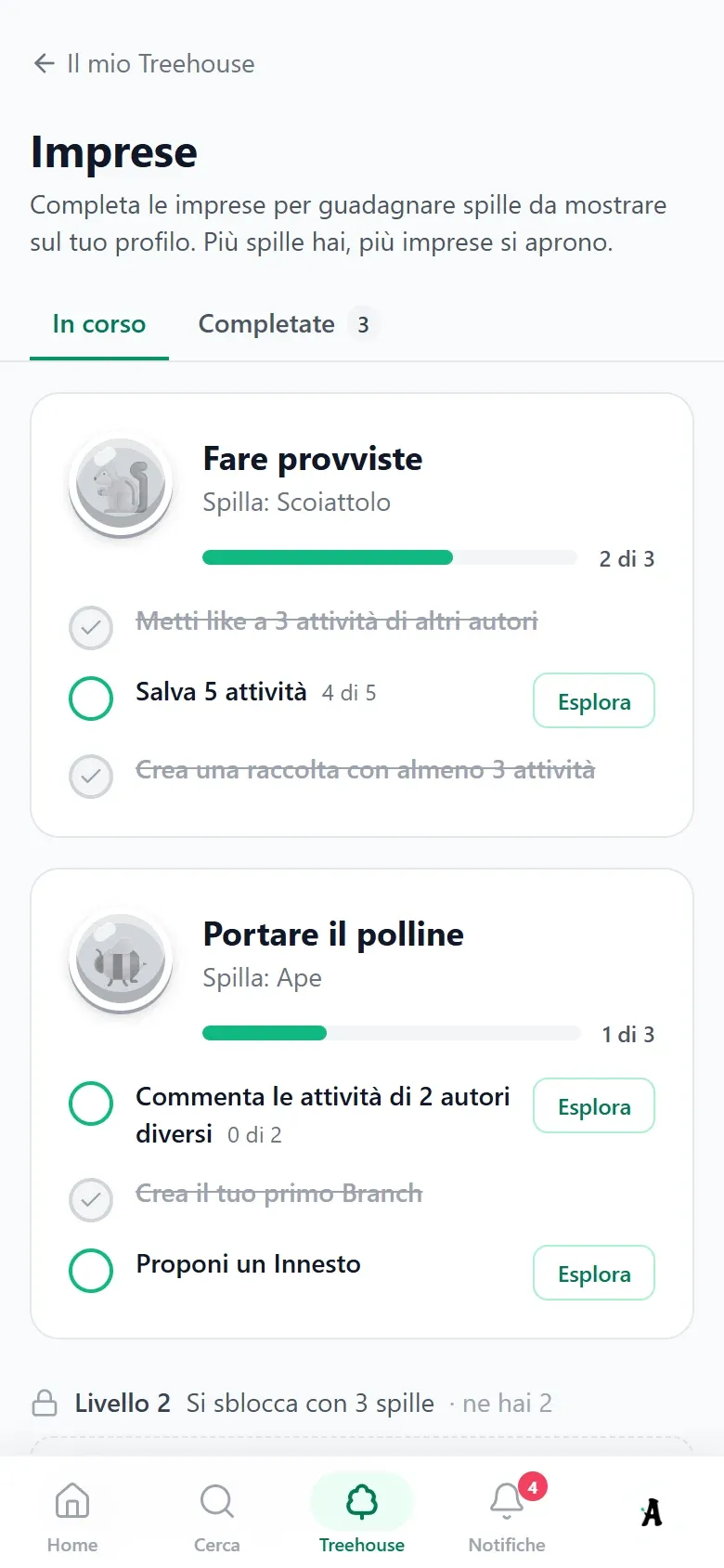 La pagina Imprese, scheda "In corso": "Fai provviste" e "Porta il polline" con le voci già fatte barrate e il livello 2 ancora bloccato. Vista da telefono.