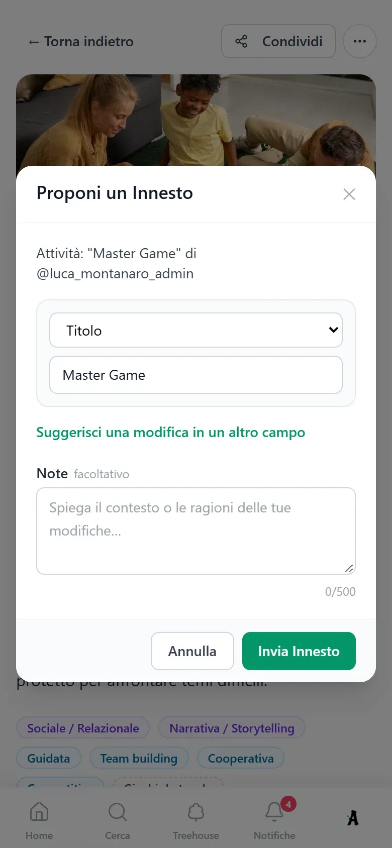 La finestra "Proponi un Innesto": si sceglie il campo da migliorare e si aggiunge una nota per l'autore. Vista da telefono.