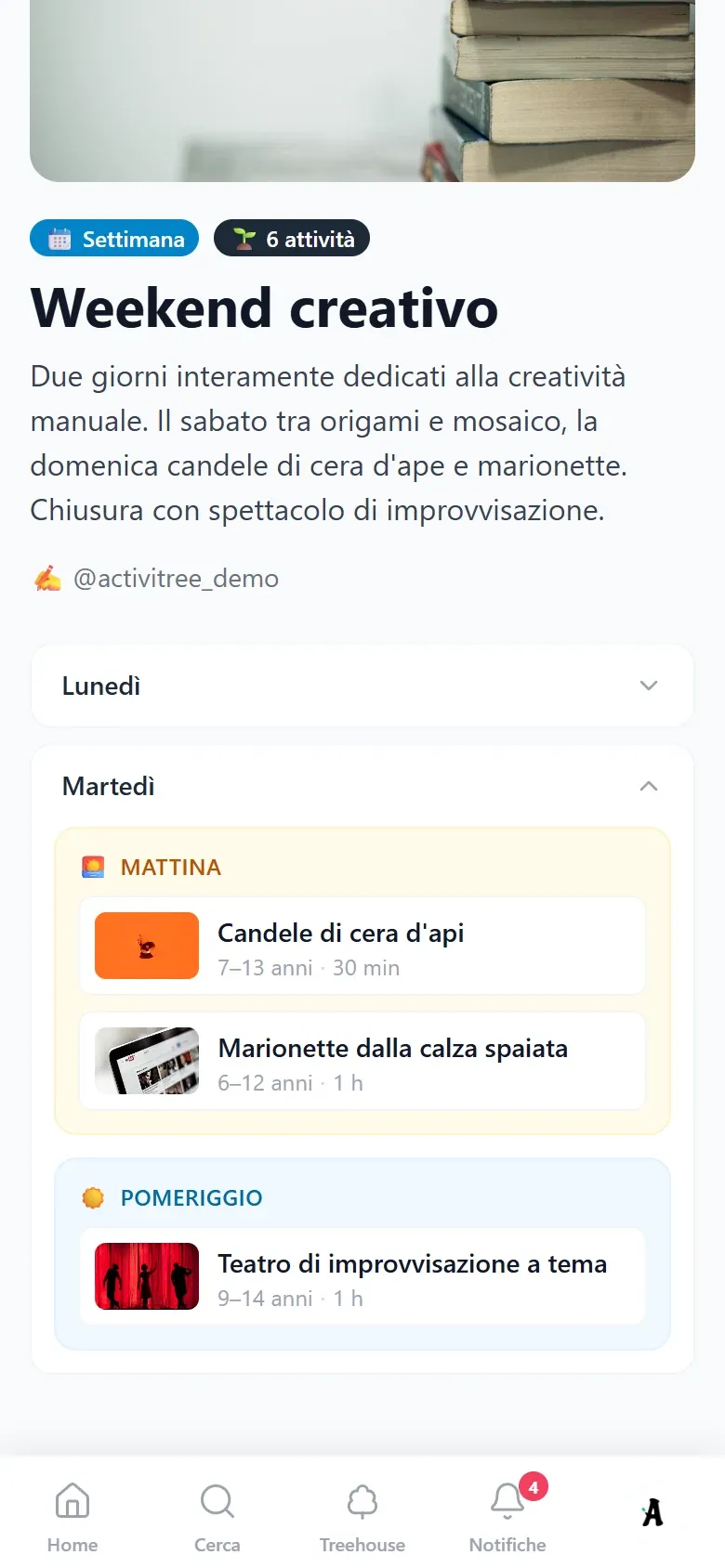Un percorso di più giorni, con le attività divise tra mattina e pomeriggio. Vista da telefono.