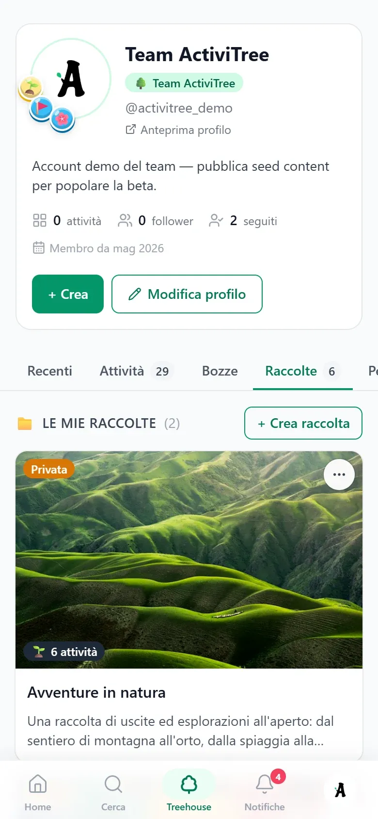 La scheda Raccolte della Treehouse, con due raccolte e le attività salvate. Vista da telefono.