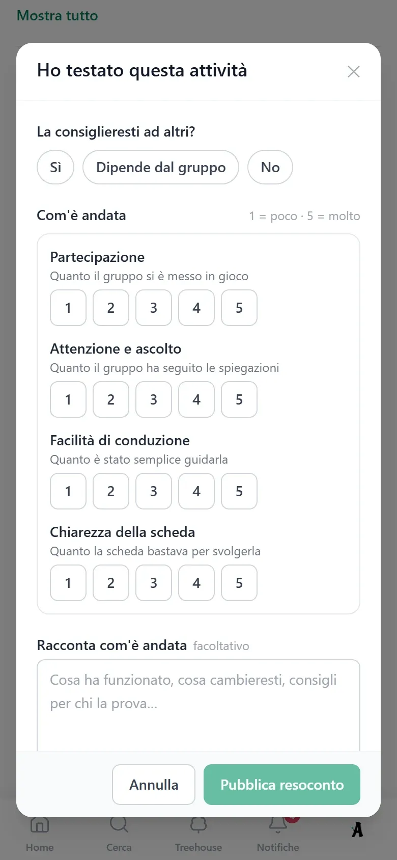 Il modulo "Ho testato questa attività" con le valutazioni da 1 a 5. Vista da telefono.