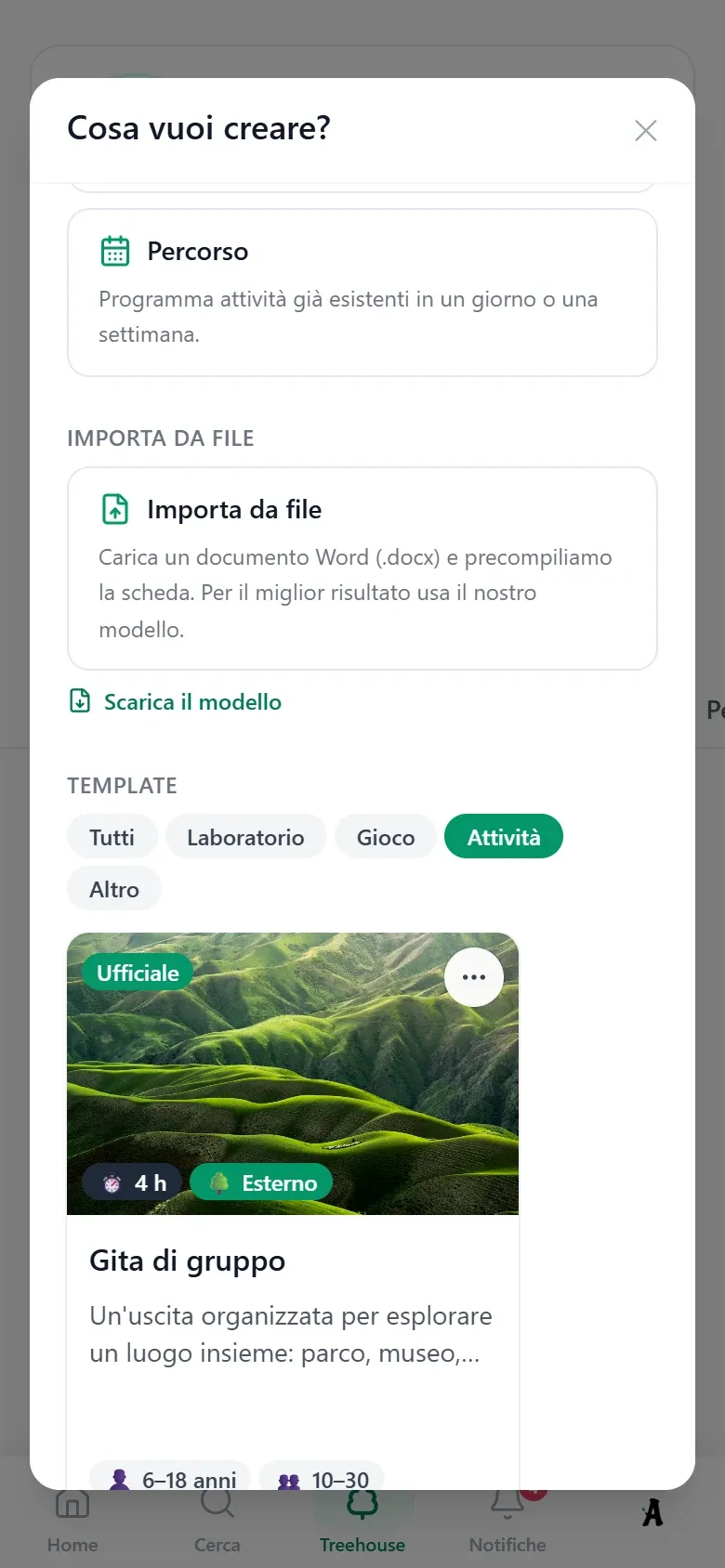 La finestra "Cosa vuoi creare?" con le opzioni di partenza e i template ufficiali. Vista da telefono.