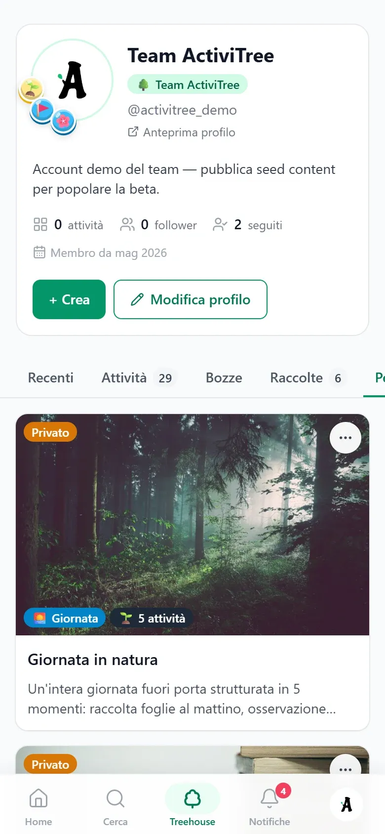 La Treehouse personale: profilo in alto, con la spilla sulla foto, e sotto le schede Recenti, Attività, Bozze, Raccolte e Percorsi. Vista da telefono.